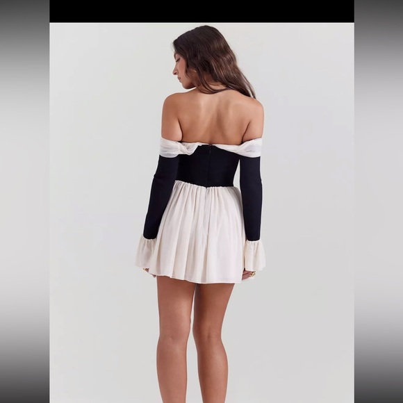 House of CB Black and Cream Strapless Off-Shoulder Alana Dress - Picture 2 of 7